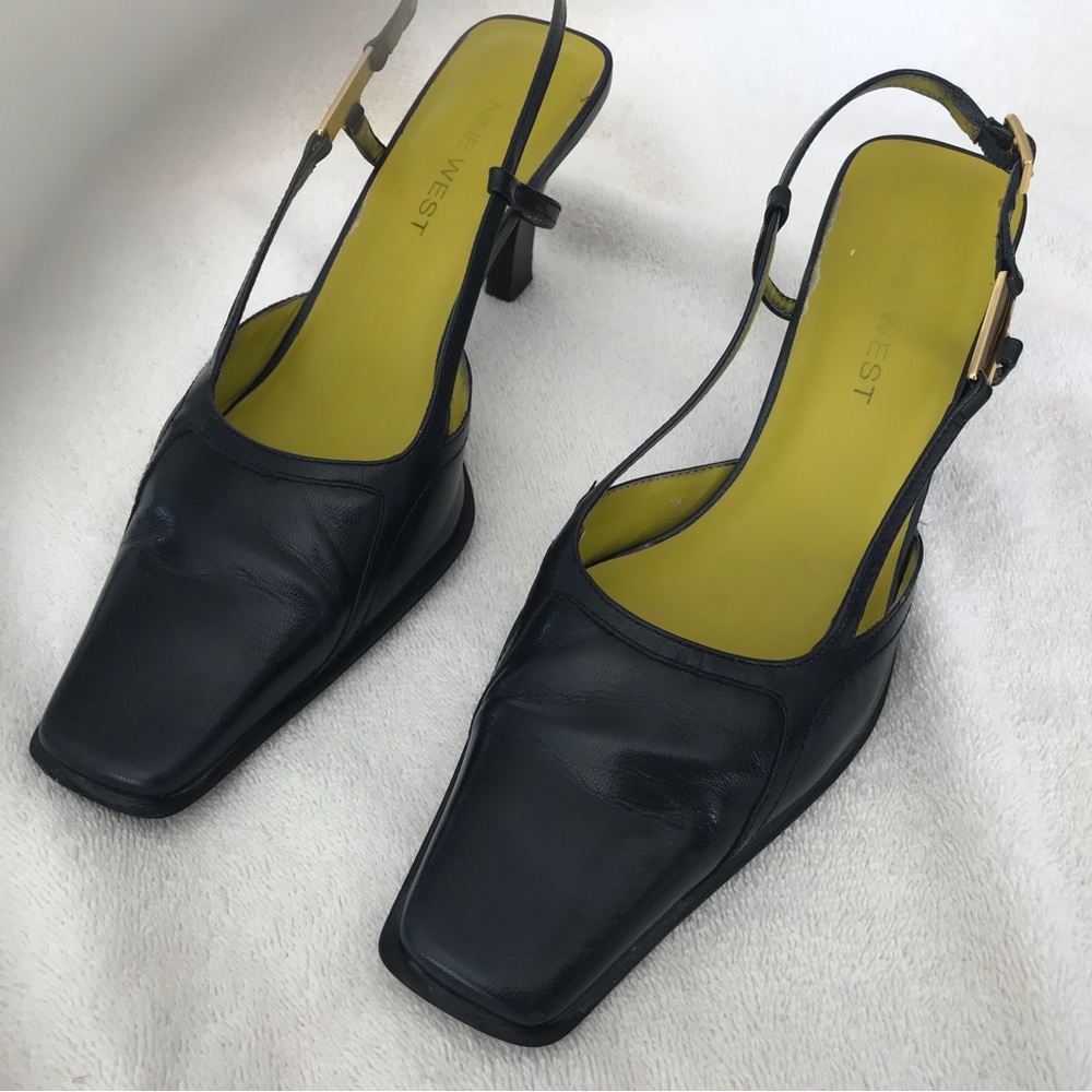 - Nine West Dark Navy Pointed squared Toe Slingback Size 6.5 M Gold tone H…